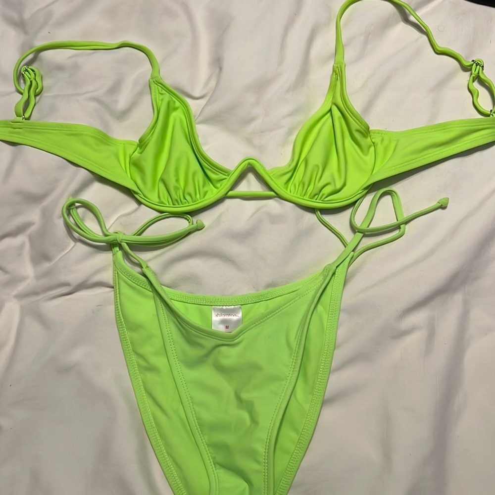 Lime green underwire top, high leg v string bottom bikini